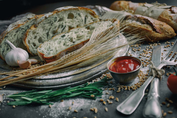 Bread products on the table in composition 