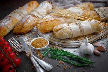Bread products on the table in composition 