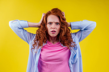 hair loss treatment prevention concept. luxury volume curly redhead ginger young woman proud her...
