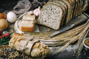 Bread products on the table in composition - close-up