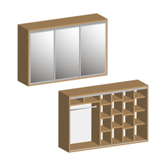 Three-door bedroom wardrobe closet with shelves inside.Isometric and 3D view.