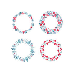 Set of Christmas wreath with berries, pine cone and branches. Vector template for greeting card. Winter frame isolated on white background with place for text