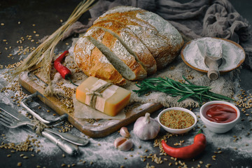 Bread products on the table in composition 
