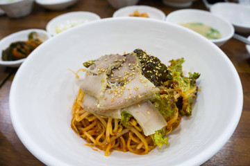 Bibim guksu is Korean spicy mixed noodle, Jeju Island, Korea