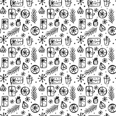 Vector Christmas Seamless pattern texture with gift boxes and other xmas elements. Can be used for wallpaper, fills, textile, web page background, surface textures. illustration