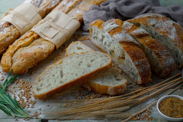 Bread products on the table in composition - close-up