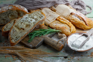 Bread products on the table in composition 