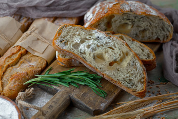 Bread products on the table in composition - close-up