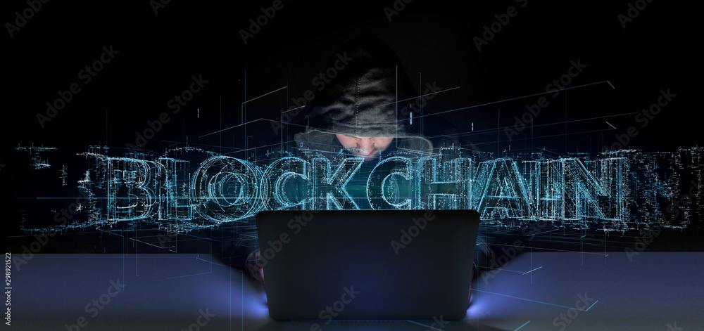 Poster hacker activating a blockchain title