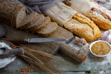 Bread products on the table in composition 