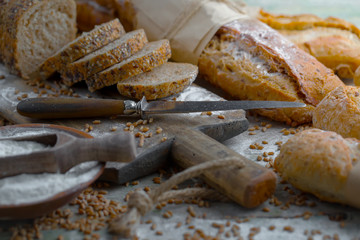 Bread products on the table in composition 
