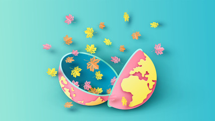 Naklejka premium Globe ball that was opened with the beautiful colorful leaves blown out. Globe design for Autumn. paper cut and craft style. vector, illustration.