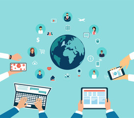 Vector of people hands using gadgets, communicating on social media platform worldwide