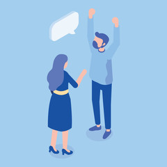 Isometric man and woman standing and having conversation. Talking. Business people team. Disscussing new idea. Coworkers. Vector isolated isometric characters.