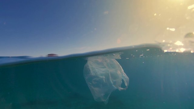 Over under shot of a discarded plastic bag floating in the sea