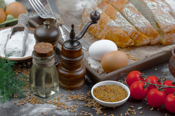 Bread products on the table in composition 