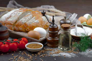 Bread products on the table in composition 