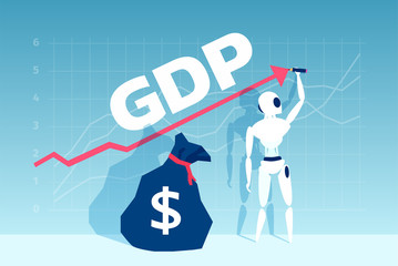 Vector of a robot drawing rising up arrow graphic standing by a dollar sack