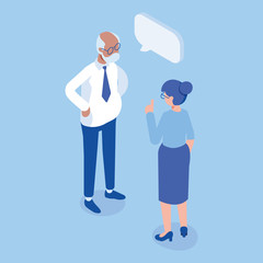 Fototapeta na wymiar Isometric elderly business man and woman standing and having conversation. Talking. Business people team. Disscussing new idea. Coworkers. Vector isolated isometric characters.