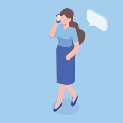 Isometric business woman walking with phone.Talking on phone. Vector isolated isometric character.