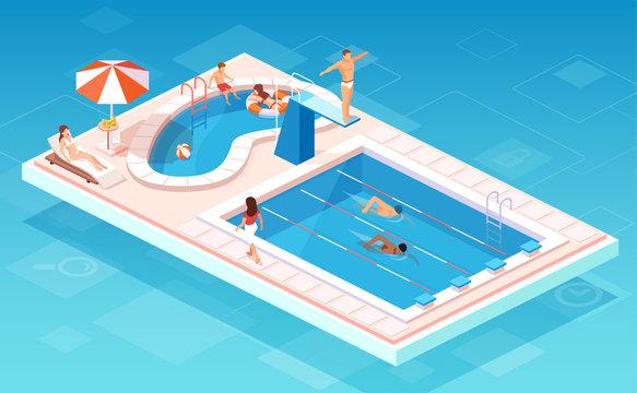 Isometric vector of a swimming pool with swimmers competing, people relaxing by the smaller pool, lifesaver being on guard