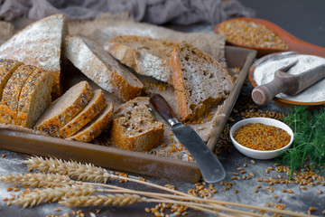 Bread products on the table in composition 