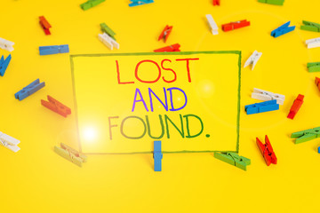 Word writing text Lost And Found. Business photo showcasing a place where lost items are stored until they reclaimed Colored clothespin papers empty reminder yellow floor background office