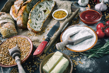 Bread products on the table in composition - close-up