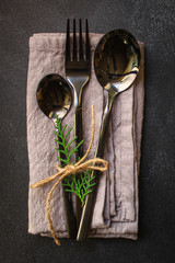 cutlery rustic, used for eating or serving food(spoons, fork, shiny and beautiful). food background. copy space. Top view