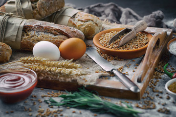 Bread products on the table in composition 