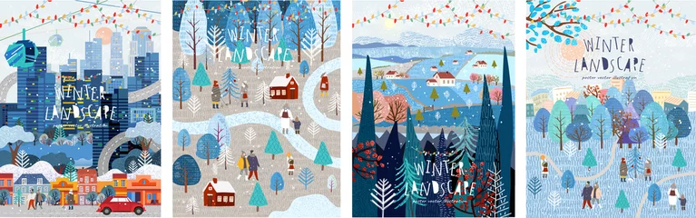 Poster Winternatuur, dorp, land, stadslandschappen. Vectorillustratie van natuurlijke, stedelijke en rustieke achtergrond voor poster, spandoek, kaart, brochure of omslag. © Ardea-studio