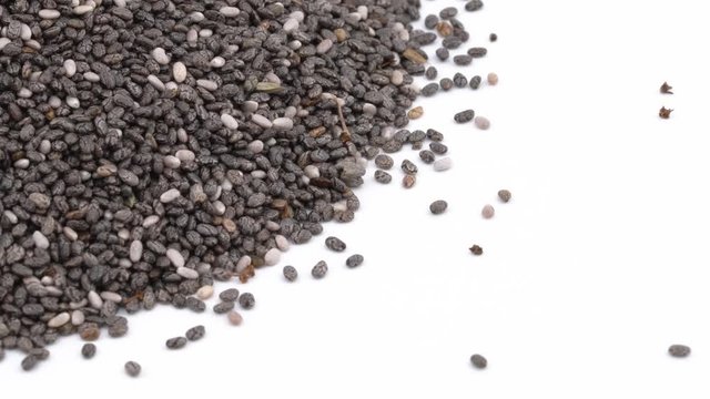 Close-up of raw chia seeds rotating. Cereals, healthy diet concept. Isolated, on white background. Copy space
