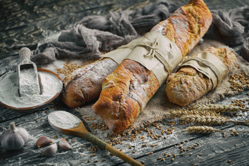 Bread products on the table in composition 