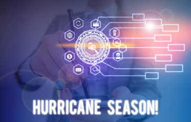 Conceptual hand writing showing Hurricane Season. Concept meaning time when most tropical cyclones are expected to develop Picture photo network scheme with modern smart device