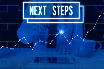 Writing note showing Next Steps. Business concept for something you do or plan after you ve finished something else Woman wear formal work suit present using smart latest device