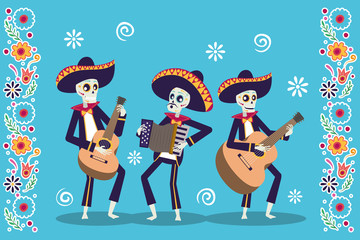 dia de los muertos card with mariachis skulls playing instruments