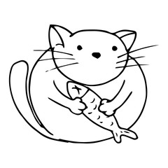 Vector illustration of a cartoon cat holding fish in its paws. Hand drawn fat cat with fish in its paws.