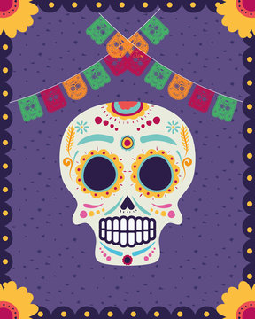 dia de los muertos card with head skull and garlands