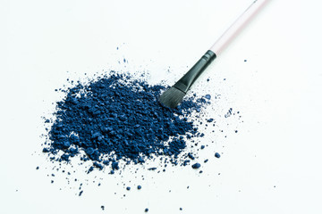 Smear of crushed blue eyeshadow as sample of cosmetics product isolated on white background with copy space..