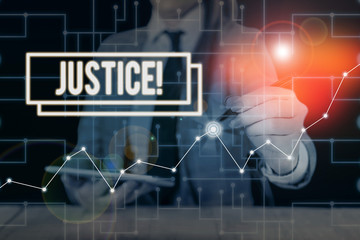 Text sign showing Justice. Business photo text impartial adjustment of conflicting claims or assignments Woman wear formal work suit present presentation using smart latest device