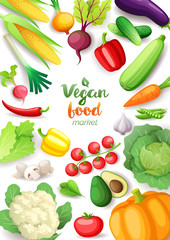Vegetables top view frame. Vegan food market vertical poster design. Colorful fresh vegetables, organic healthy food, vector illustration.