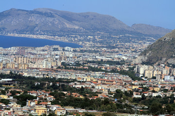 Fototapeta na wymiar Monreale, Italy - 3 July 2016: Photo Panorama of Palermo from Monreale