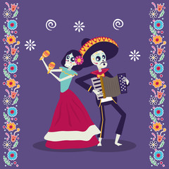 dia de los muertos card with mariachi playing accordion and catrina