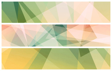 Abstract green yellow pink and white banner background set with layers of angles and triangle shapes and blocks in modern business or graphic art design