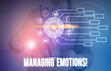 Conceptual hand writing showing Managing Emotions. Concept meaning ability be open to feelings and modulate them in oneself Picture photo network scheme with modern smart device