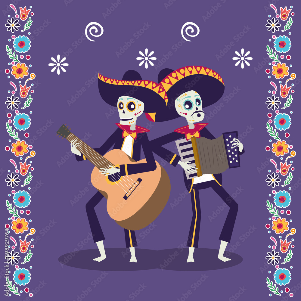 Wall mural dia de los muertos card with mariachis skulls playing guitar and accordion