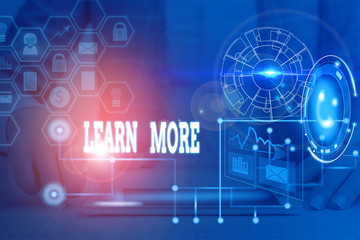 Writing note showing Learn More. Business concept for knowledge or skill acquired by instruction Considerable learning Picture photo network scheme with modern smart device