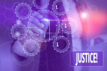 Conceptual hand writing showing Justice. Concept meaning impartial adjustment of conflicting claims or assignments Picture photo network scheme with modern smart device
