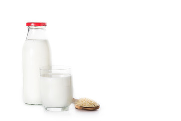 Rice milk in glass isolated on white background.Copy space