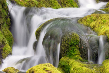 water flow over mossy rocks